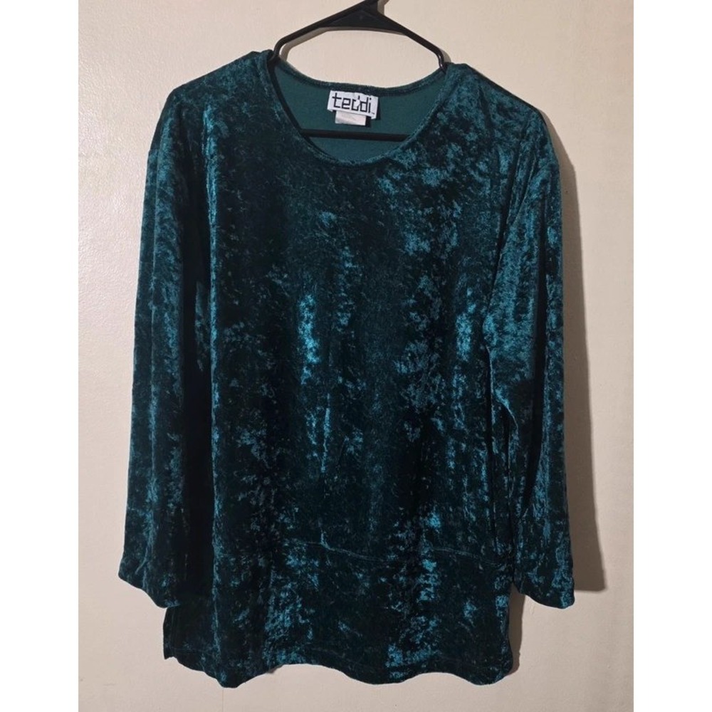 Teddi Womens Crushed Velvet Long Sleeve Top Teal Green Crew Neck Medium